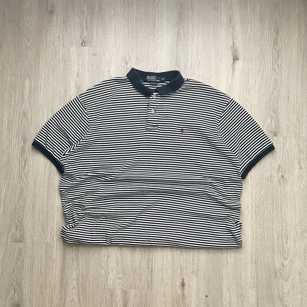 Polo Ralph Lauren Black & White Stripe Polo Shirt Logo White Pony Men’s XXL Y2K